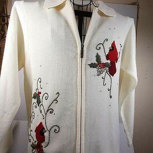 Allison Daley Cardigan Cream Sweater Red Embroidered Cardinals Rhinestones